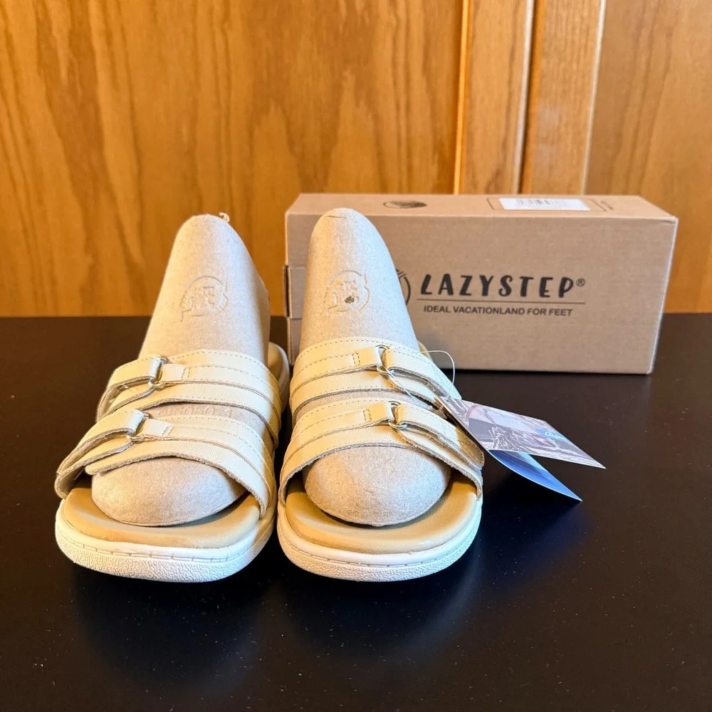 Lazystep Slide Sandals Size 6 Beige New Adjustable Double Strap Comfort Shoes